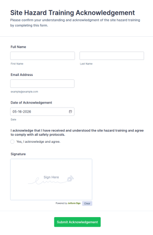 Site Hazard Training Acknowledgement Form Template