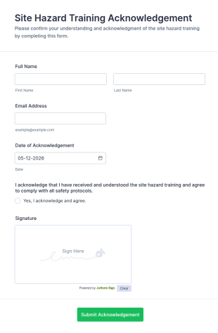 Site Hazard Training Acknowledgement Form Template