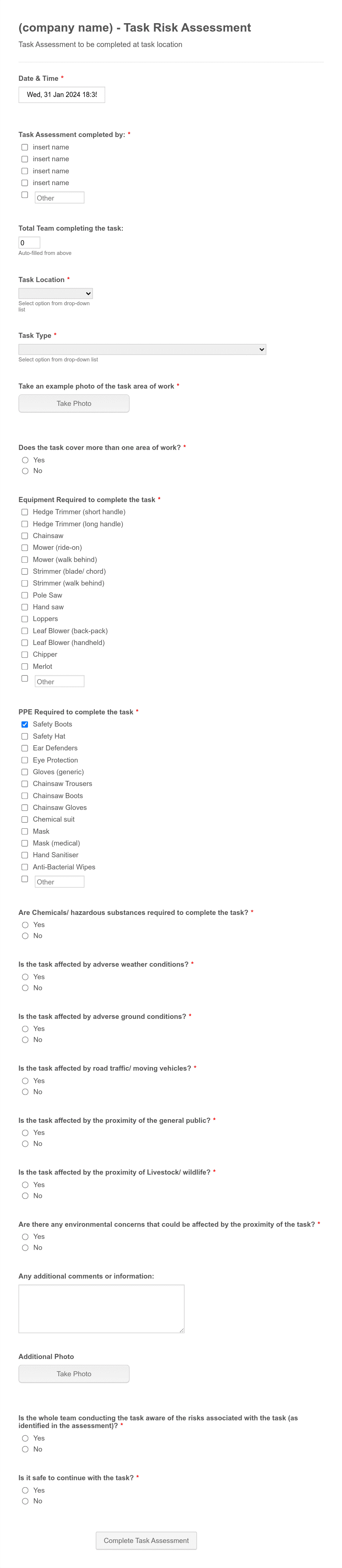 Site maintenance team - Task Risk Assessment Form Template | Jotform