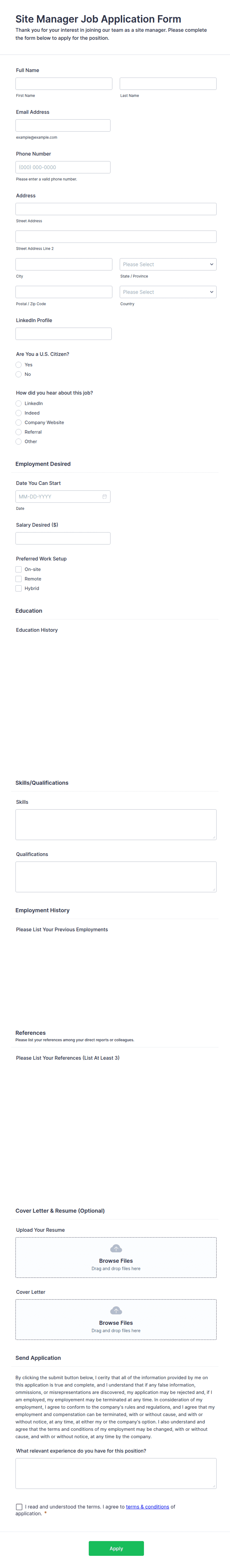 Site Manager Job Application Form Template | Jotform