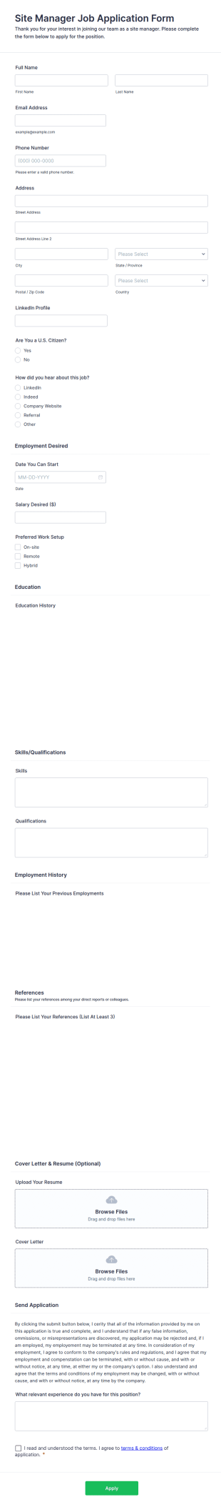 Site Manager Job Application Form Template