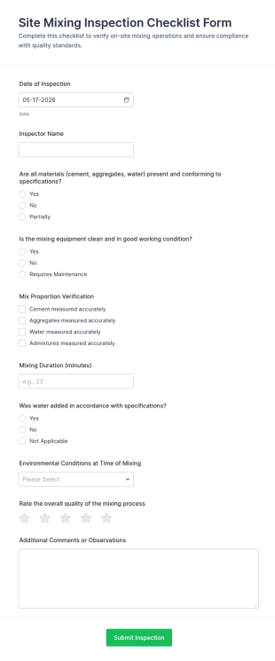 Site Mixing Inspection Checklist Form Template