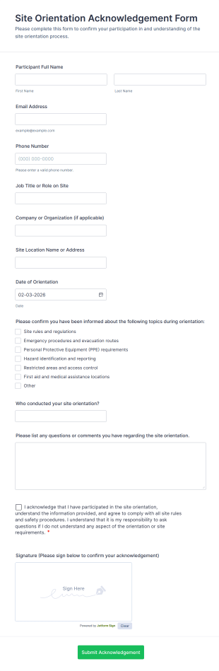 Site Orientation Acknowledgement Form Template