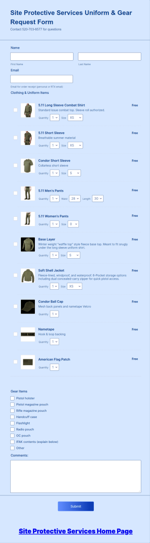 Site Protective Services Uniform And Gear Request Form Template