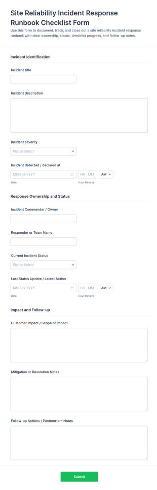 Site Reliability Incident Response Runbook Checklist Form Template