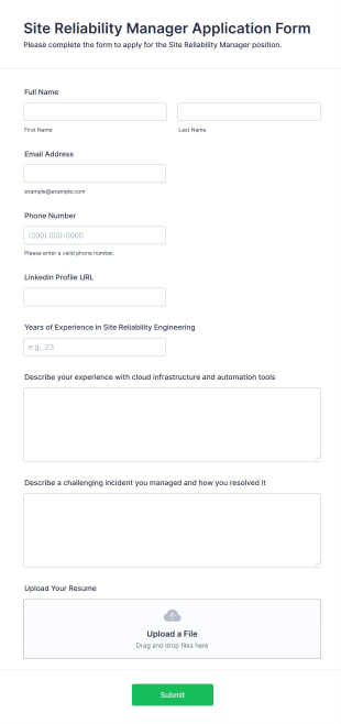 Site Reliability Manager Application Form Form Template