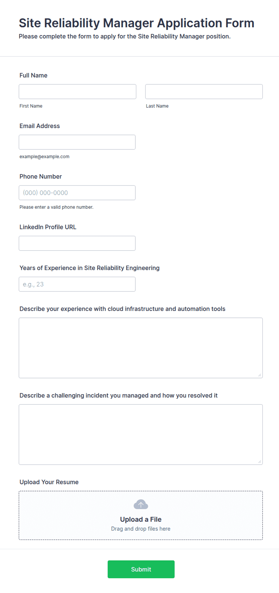 Site Reliability Manager Application Form Template | Jotform