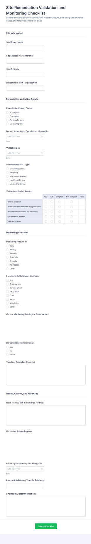 Site Remediation Validation And Monitoring Checklist Form Template