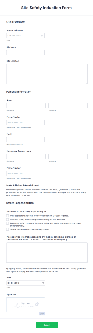 Site Safety Induction Form Template