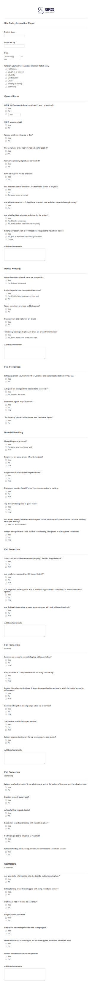 Site Safety Inspection Report Form Template