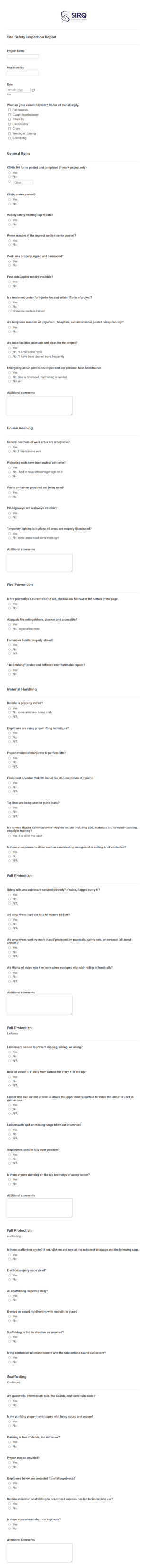 Site Safety Inspection Report Form Template