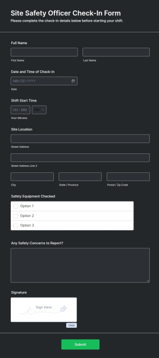 Site Safety Officer Check In Form Template
