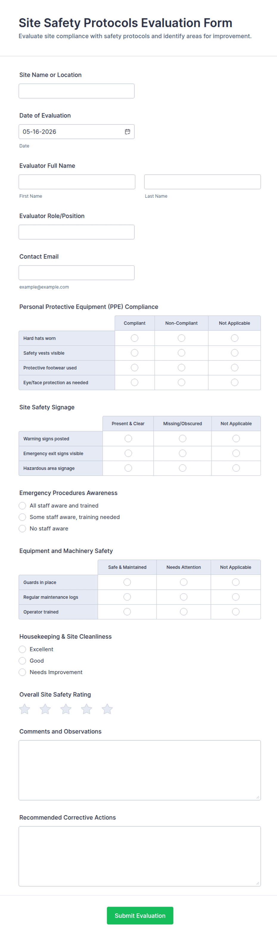 Site Safety Protocols Evaluation Form Template | Jotform
