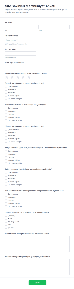Site Sakinleri Memnuniyet Anketi Form Şablonu