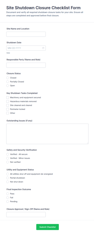 Site Shutdown Closure Checklist Form Template