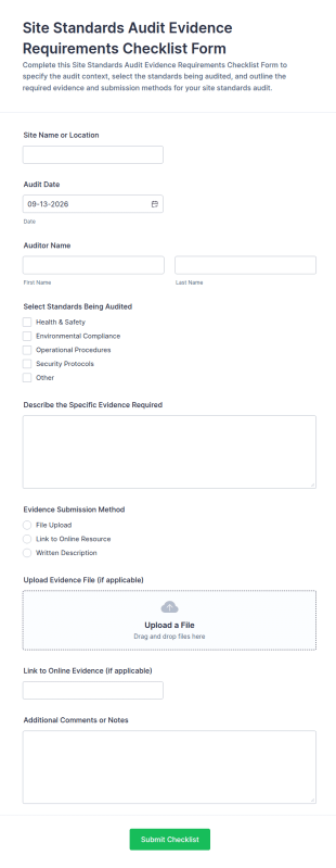 Site Standards Audit Evidence Requirements Checklist Form Template