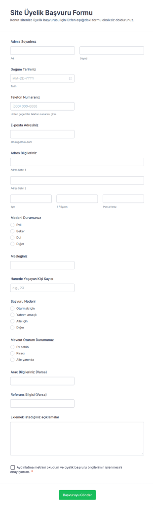 Site Üyelik Başvuru Form Şablonu