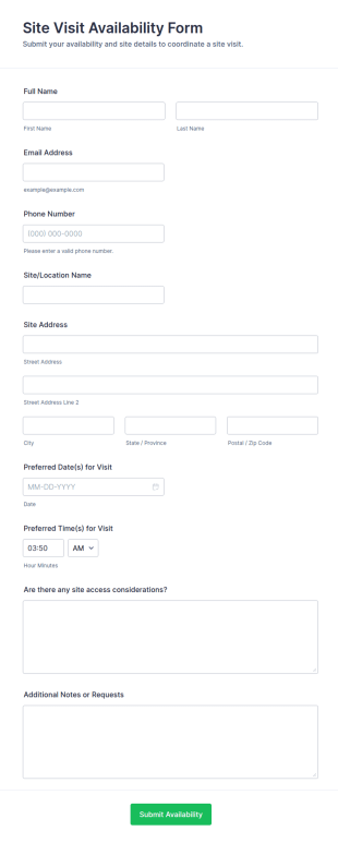 Site Visit Availability Form Template