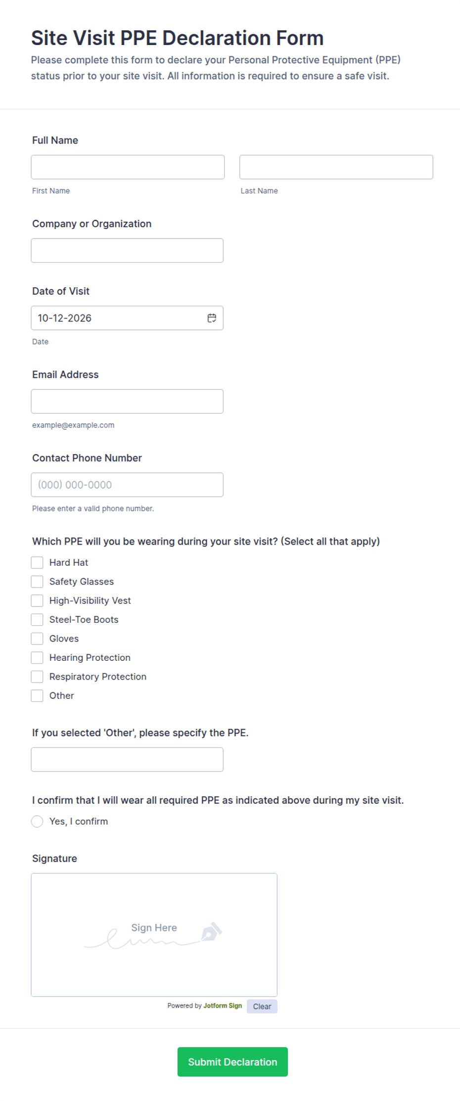 Contract Form Template.pdf Site Visit PPE Declaration Form Template | Jotform