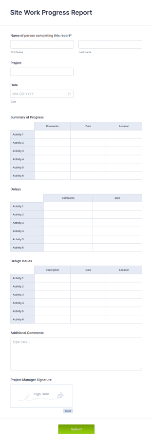 Site Work Progress Report Form Template