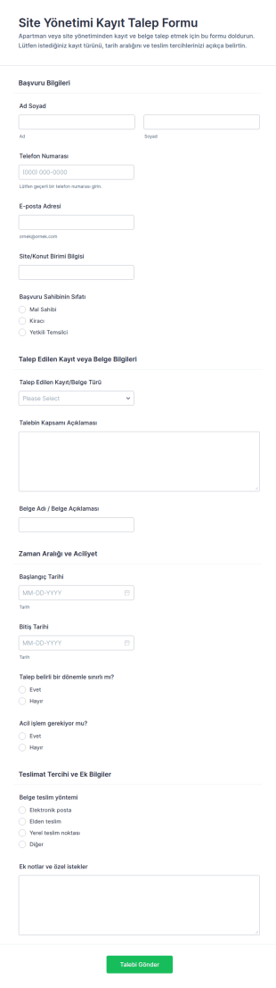 Site Yönetim Kayıt Talebi Form Şablonu