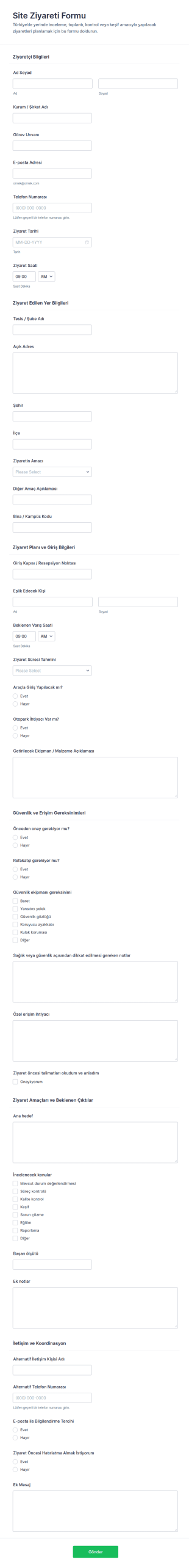 Site Ziyareti Form Şablonu