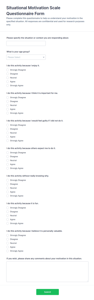 Situational Motivation Scale Questionnaire Form Template
