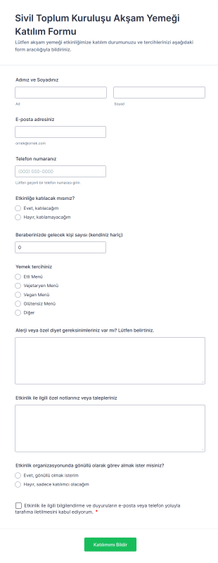 Sivil Toplum Kuruluşu Akşam Yemeği Katılım Form Şablonu