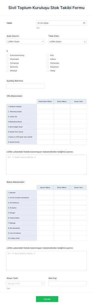 Sivil Toplum Kuruluşu Stok Takibi Form Template