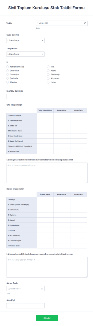 Sivil Toplum Kuruluşu Stok Takibi Form Şablonu