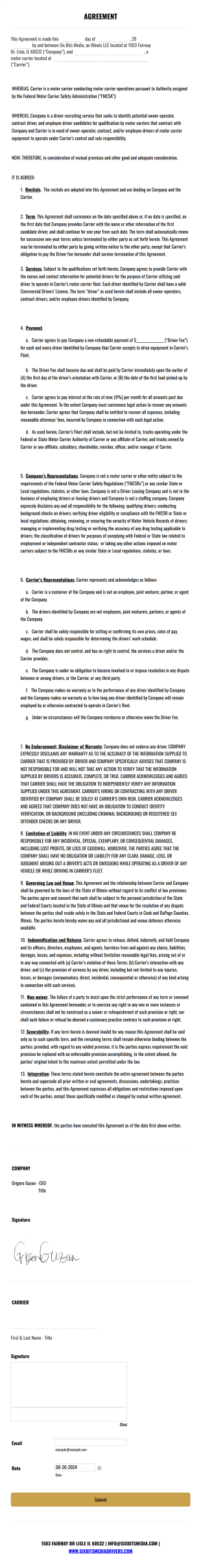 Six Bits Media Carrier AGREEMENT Form Template