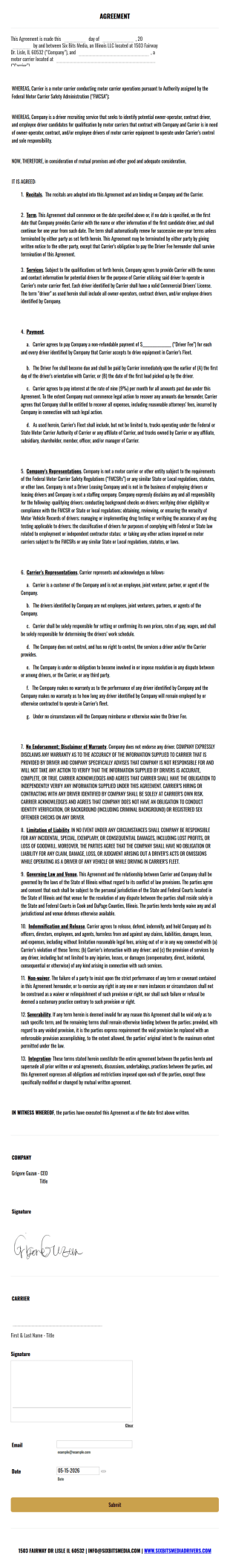 Six Bits Media Carrier AGREEMENT Form Template