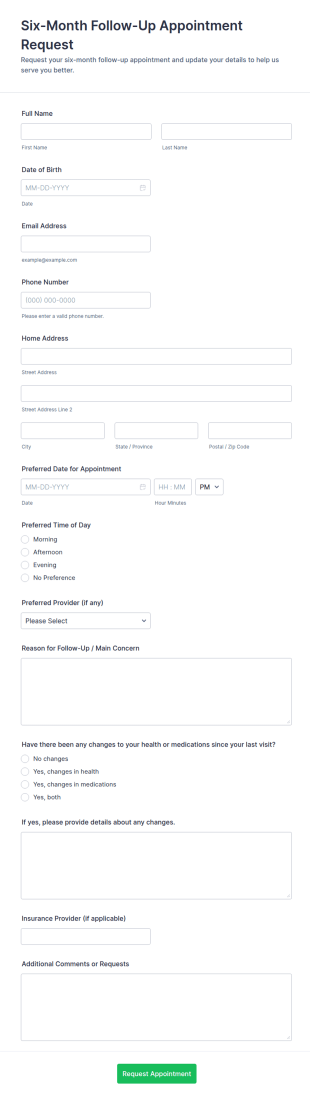 Six Month Follow Up Appointment Request Form Template