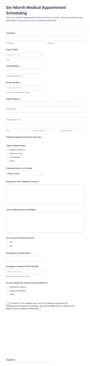 Six Month Medical Appointment Scheduling Form Template