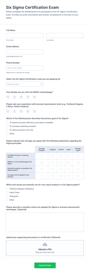 Six Sigma Certification Exam Form Template