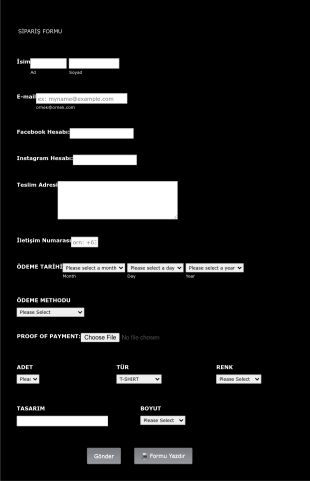 Siyah Sipariş Form Template