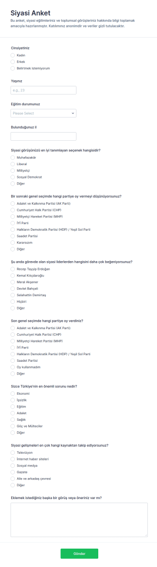 Siyasi Anket Form Şablonu