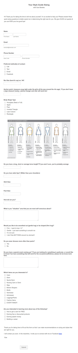 Sizing Form Template