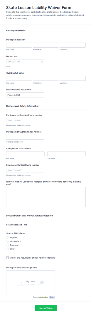 Skate Lesson Liability Waiver Form Template