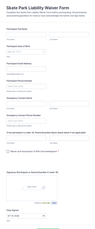 Skate Park Liability Waiver Form Template
