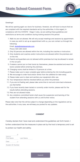 Skate School Consent Form Template
