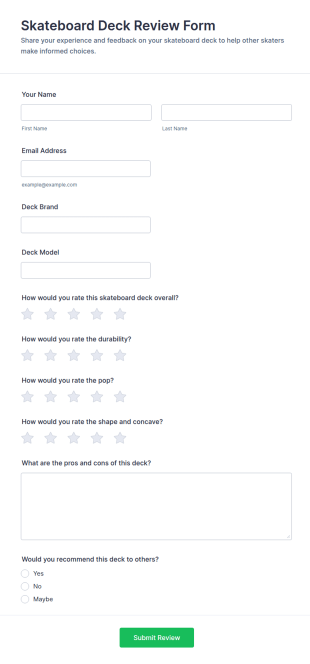 Skateboard Deck Review Form Template