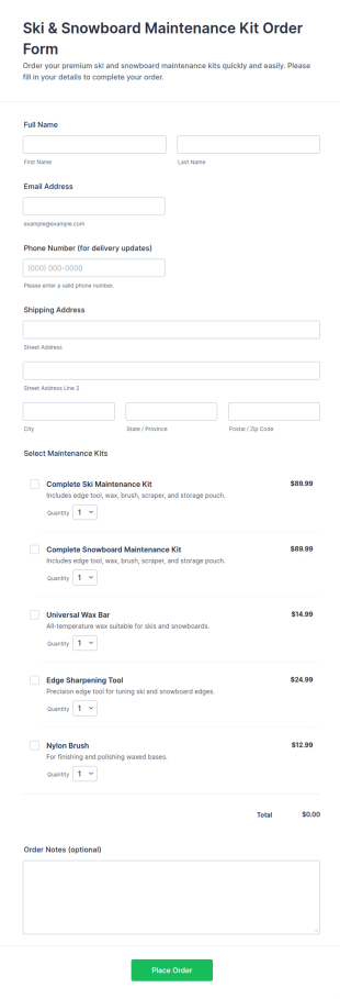 Ski & Snowboard Maintenance Kit Order Form Template