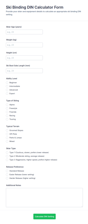 Ski Binding DIN Calculator Form Template