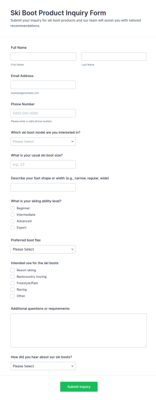 Ski Boot Product Inquiry Form Template