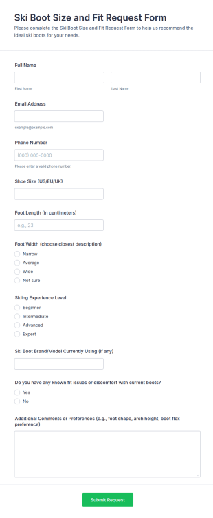 Ski Boot Size And Fit Request Form Template