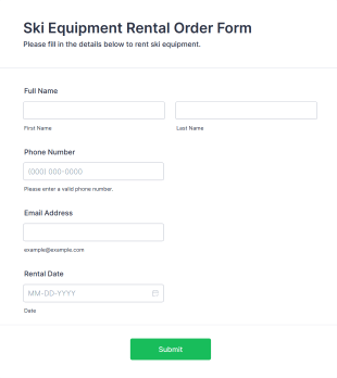 Ski Equipment Rental Order Form Template