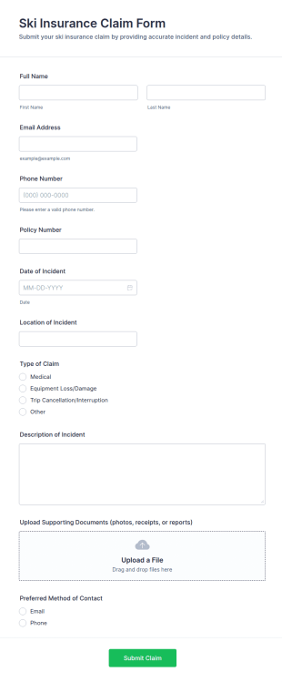 Ski Insurance Claim Form Template