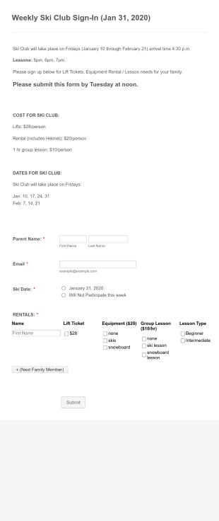 Ski Lesson Sign In Form Template
