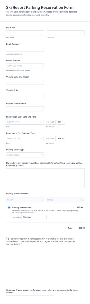 Ski Resort Parking Reservation Form Template